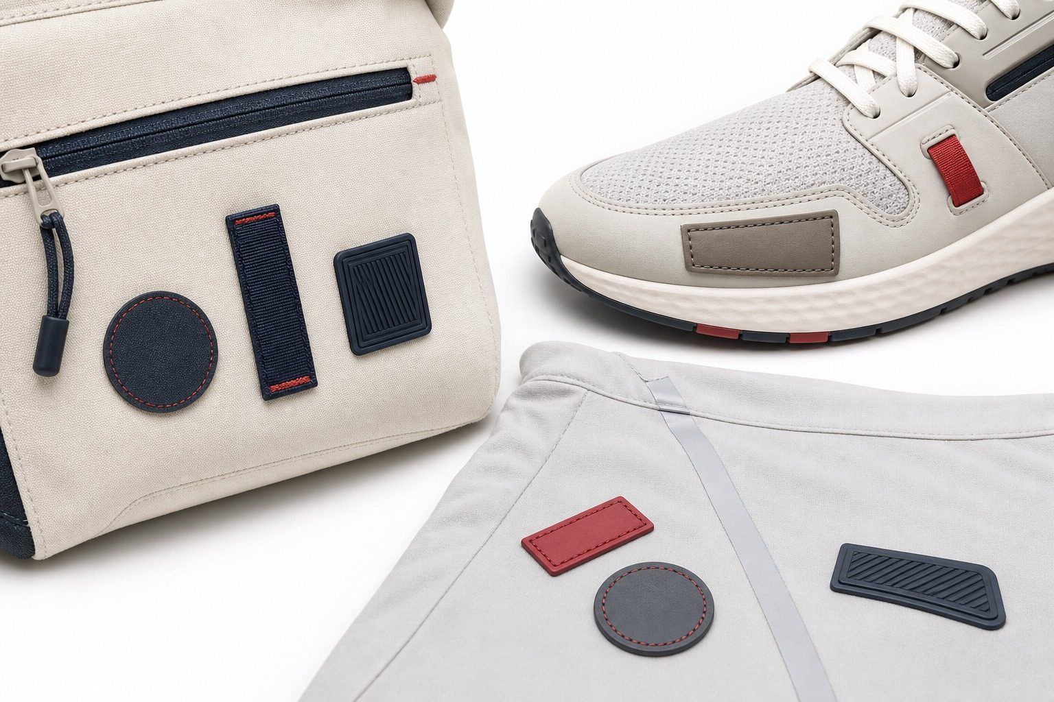 Selected application examples for visual reference: PVC labels, metal badges, and leather patches on bags, footwear, and apparel accessories