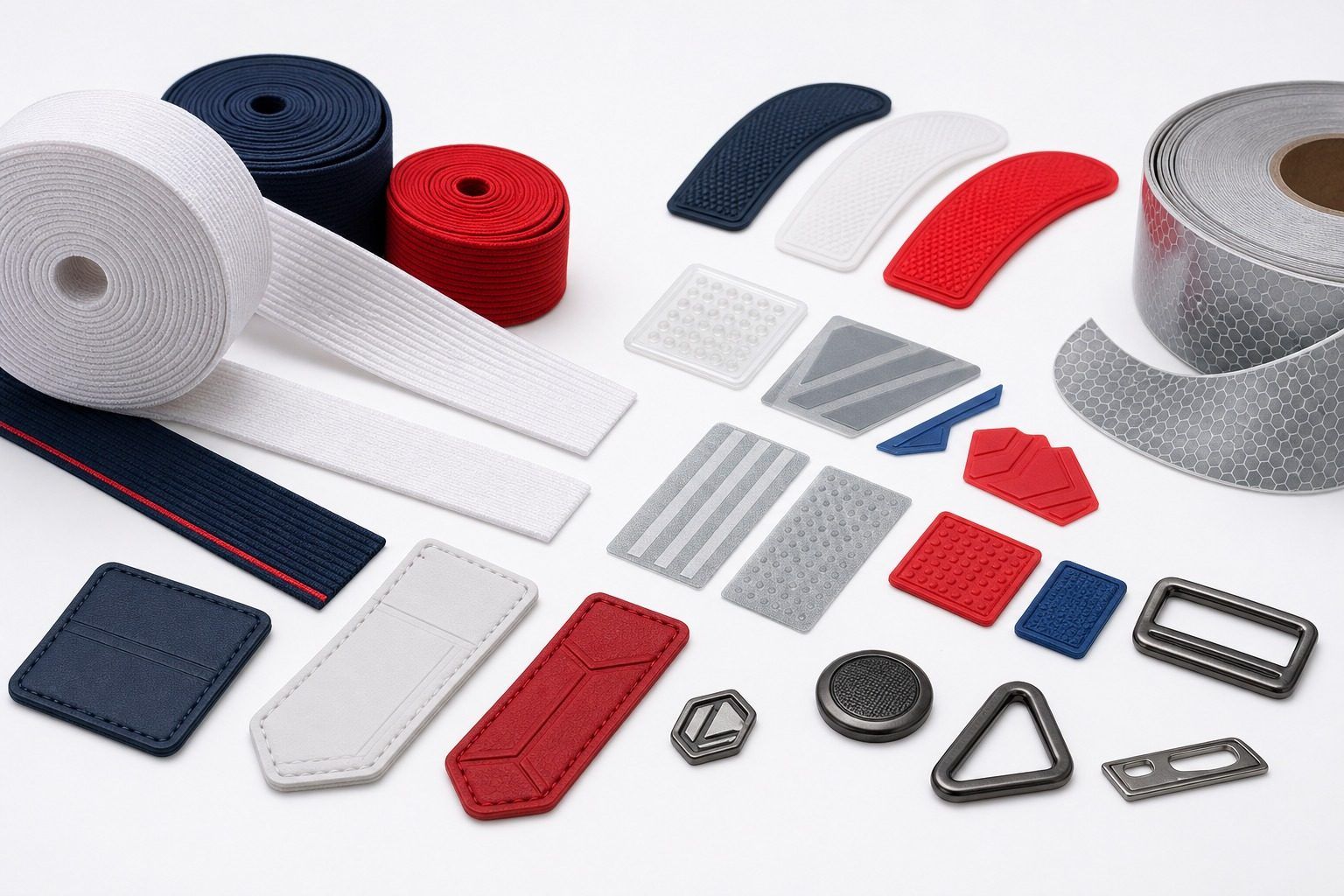 Garment accessory product visualization: elastic tapes, silicone labels, heat transfer labels, reflective films, leather patches, and metal badges for visual reference