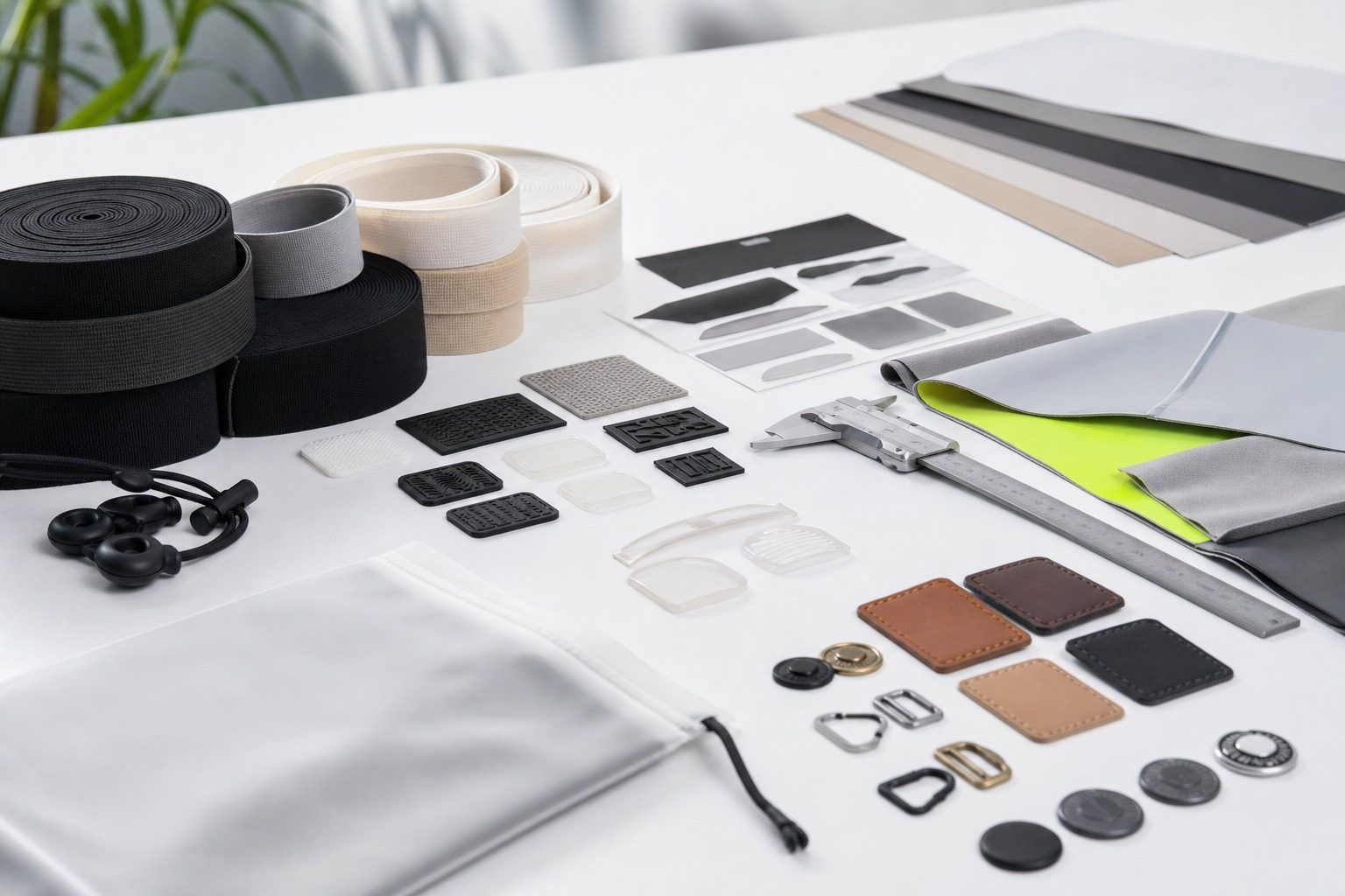 Illustrative material and specification review concept for garment accessories. Visual reference only; not a real inspection, testing, or production facility scene.